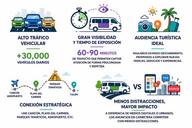Infographic showing benefits of outdoor advertising in Riviera Maya, featuring high vehicle traffic and tourist audience
