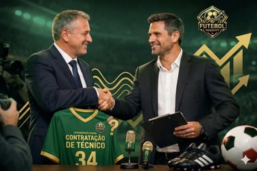 Banner de apresentação de novo técnico no Futebol Insight: aperto de mãos e camisa com logo dourado em coletiva no estádio.