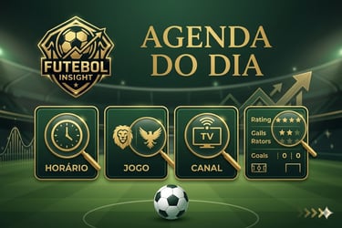 Banner de agenda do dia do portal Futebol Insight com claquete, horários de jogos e logotipo dourado sobre fundo de estádio.