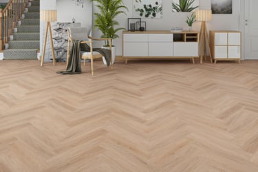Modern living room featuring light oak herringbone pattern hardwood flooring