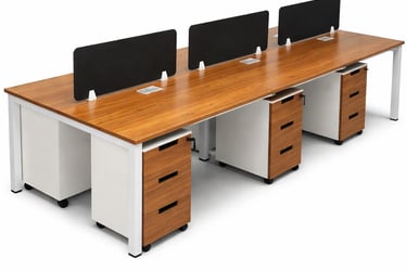 Modern 6-person office workstation with wood grain desks, black privacy screens, and rolling storage drawers.