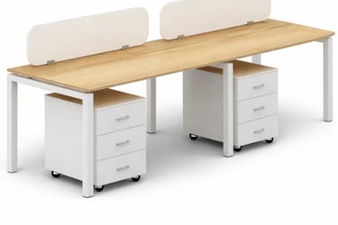 Modern 2-person office workstation with light oak wood desktop, privacy screens, and white mobile file cabinets.