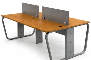 Modern 4-person workstation featuring a cherry wood finish tabletop with gray metal privacy screens and legs.