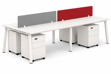 Modern white four-person office workstation with red and grey privacy screens and mobile filing cabinets.