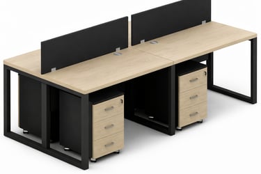 Four-person office workstation with light oak tabletops, black metal frames, and privacy screens.