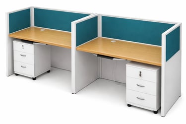 Two person modern office workstation cubicle with teal privacy screens and white mobile pedestals.