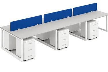 Six-person office workstation desk with white frames, blue privacy screens, and mobile file cabinets.