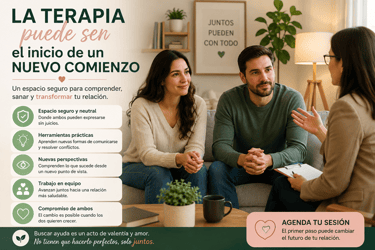 Pareja en sesión de terapia de pareja con psicóloga profesional para mejorar su relación.