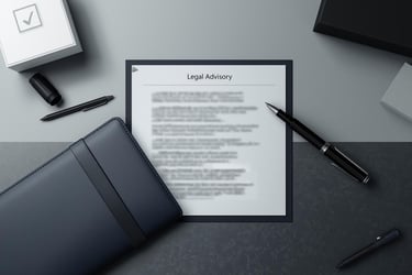 Documento de asesoría legal en un escritorio, con libreta y plumas profesionales.