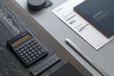 Escritorio moderno con calculadora, regla y documentos de valuación.