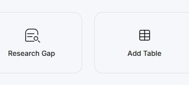 Content editor interface showing icons for Add Paragraph, Research Gap, Add Table, and Add Image functions.