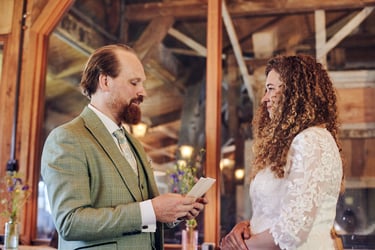 Groom reading his vows to bride.