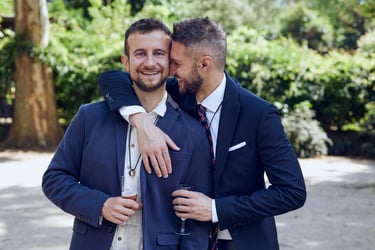 Happy newlywed couple posing for a portrait.