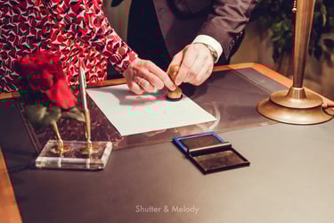 Bride and groom putting a stamp on their wedding documents.