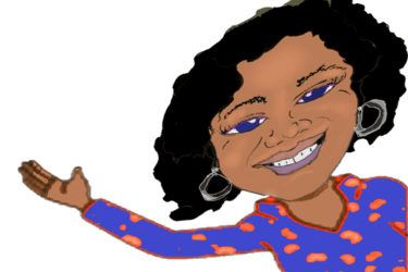 a cartoon girl with a blue and orange spotted shirt waving and smiling