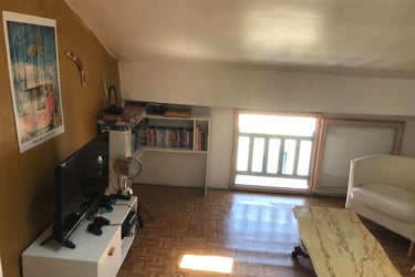 Attic living room with parquet floors, flat screen TV, white sofa,  Quillan Video Libruary.