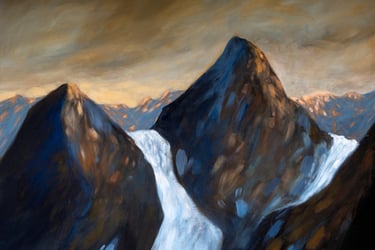 peinture de deux sommets au crépuscule de vincent ganaye