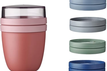 A pink insulated lunch pot with several colorful lid options for food storage.