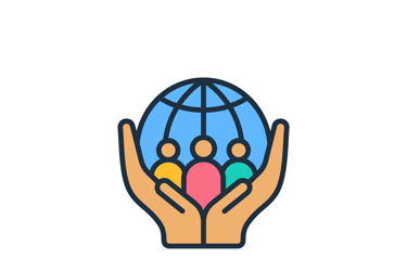 Una bola del mundo entre 2 manos que representa la unión por una meta común, un compromiso social