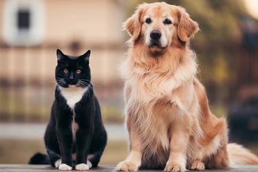 Katze und Hund sitzen nebeneinander