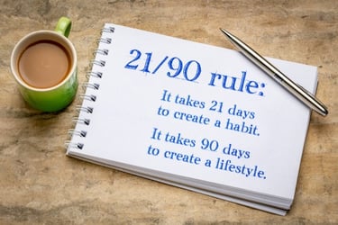 Notebook showing 21/90 rule for habit formation and lifestyle change with coffee and pen.