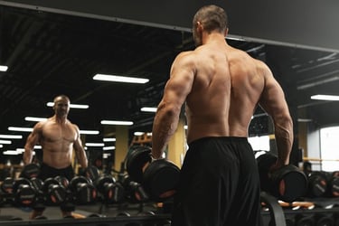 Muscular bodybuilder lifting heavy dumbbells for strength training in a professional gym.