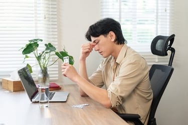 A man at a desk rubbing his eyes while holding pain relief medication for a headache or migraine.