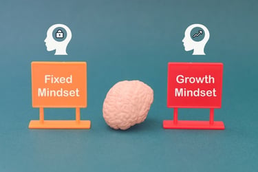 A human brain model placed between fixed mindset and growth mindset signs for psychological development.
