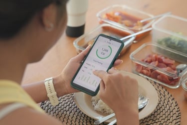 A woman using a calorie counter app on her smartphone to track nutrition during meal prep.