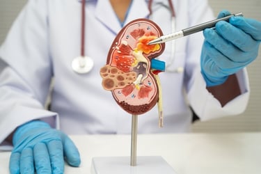 Doctor pointing to an anatomical human kidney model with stones and cysts for medical diagnosis.