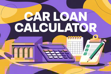 Car Loan Calculator written on top of a bank, a calculator, a calendar, and a clipboard