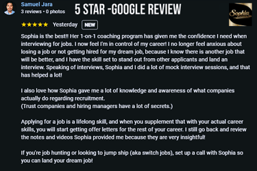 5-star Google review for SophiaTheDigitalPro’s Interview Like a CEO™ coaching program — career coach