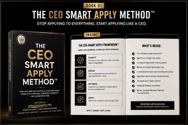 The CEO Smart Apply Method book cover and table of contents outlining job search strategies for career growth.