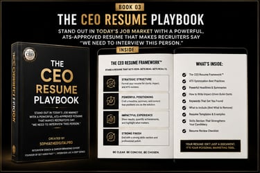 The CEO Resume Playbook book cover and inside pages showing ATS-approved resume writing strategies and frameworks.