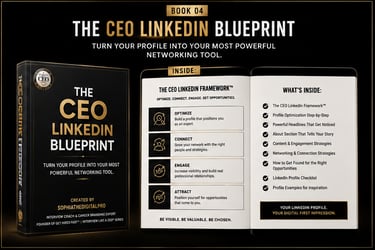 The CEO LinkedIn Blueprint book cover and interior pages detailing profile optimization and networking strategies.