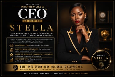 Stella AI mentor for career coaching and interview preparation featuring a professional woman in a black and gold suit.