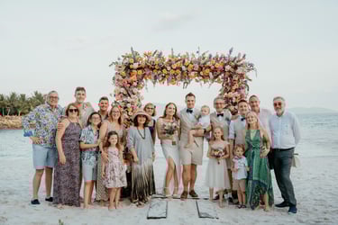 a family posing for a photo on the beach