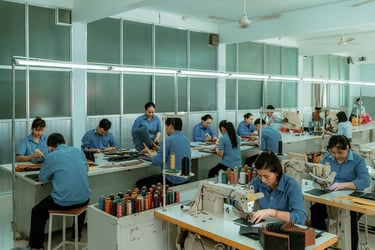 a group of people working on sewing machines