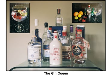 photo of gin, gin glass and botanicals