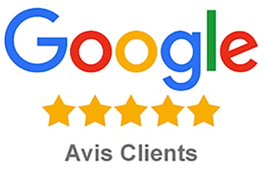 Google logo with five gold stars and Avis Clients text for customer reviews and ratings.
