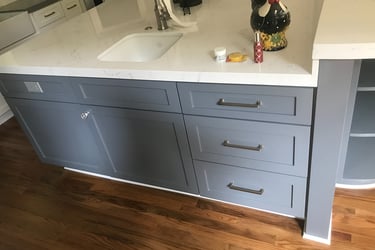newly painted blue kitchen cabinets.