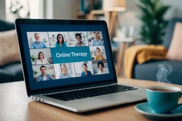 Open laptop computer showing 10 people around perimeter and the words "Online Therapy" in center