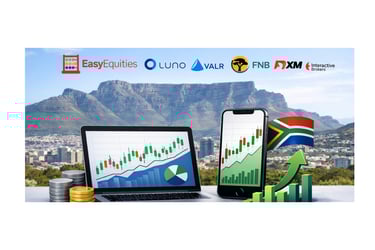 smartphone and laptop, including EasyEquities, FNB, Luno, VALR, XM, with Table Mountain
