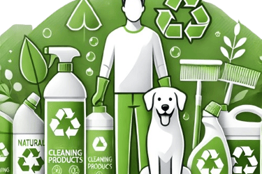 a man with a dog standing in front of a green background with a dog and ecologic products