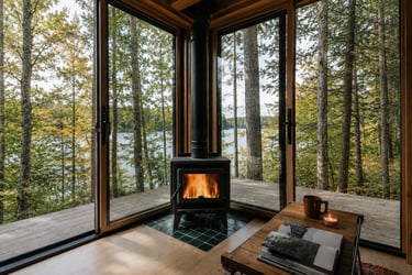 Modern glass cottage interior overlooking a lake.
