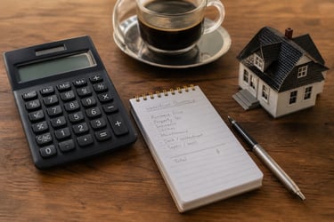 Calculator, notebook and model home on a table.