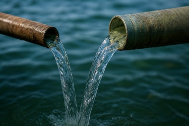 Water pipes flowing into a lake.