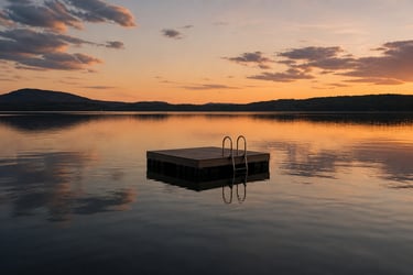 Floating dock on a calm lake at sunset.