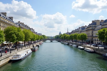 Blick auf die Seine in Paris mit Booten und Uferpromenade bei sonnigem Wetter.
