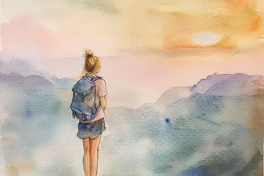 A serene watercolor painting of a girl on a cliff, gazing at the sunset over the horizon.